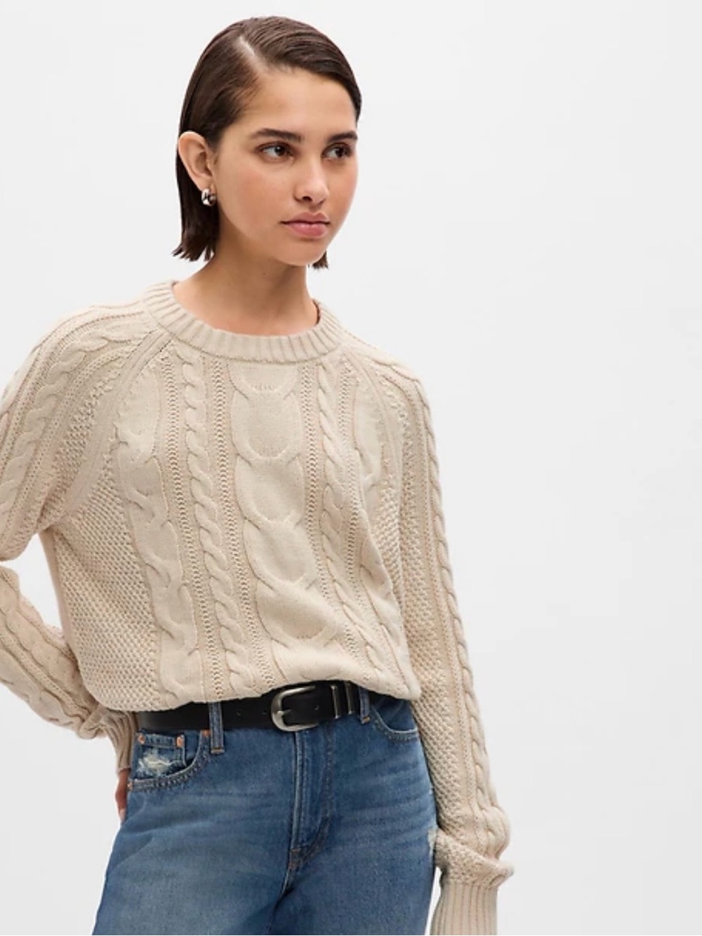 Cream Academia Fisherman Vertical Cable Knit Crew Neck Sweater in size Large Gap